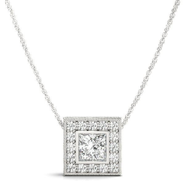Purple Bezel Princess Halo Pendant in Platinum