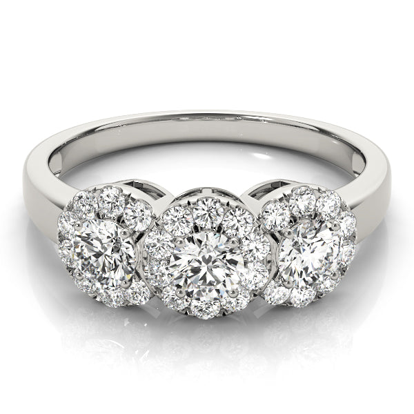 Rach Three Stone Halo Engagement Ring in Round White Gold