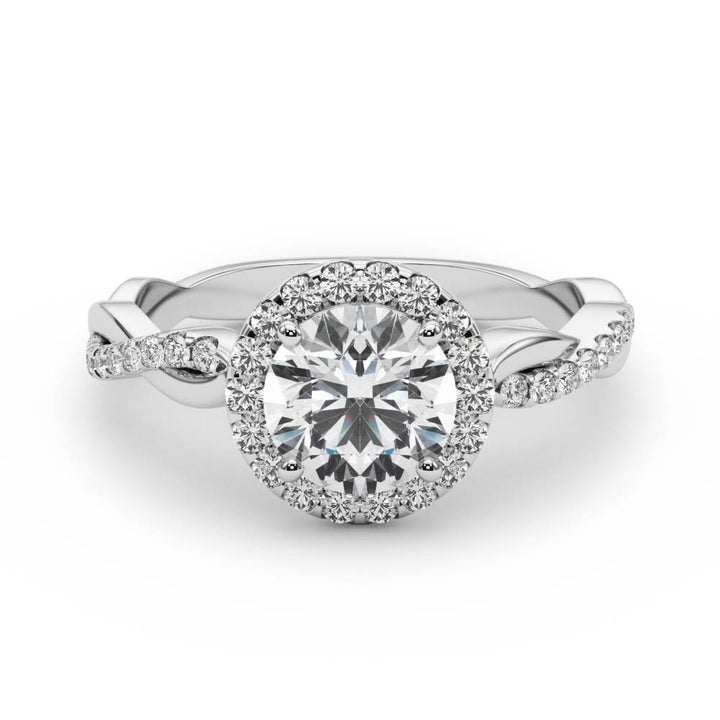 Lary Halo With Twisted Shank Engagement Ring in Round White Gold