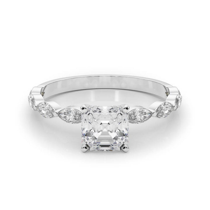 Yacht Marquise Pave Side Stone Engagement Ring in Round White Gold