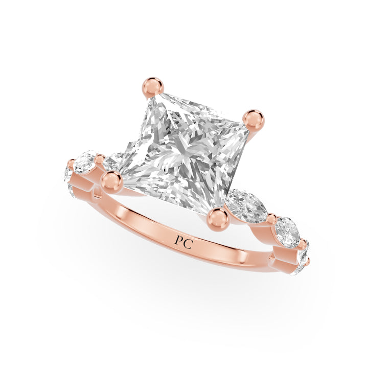 Yacht Marquise Pave Side Stone Engagement Ring in Princess Rose Gold